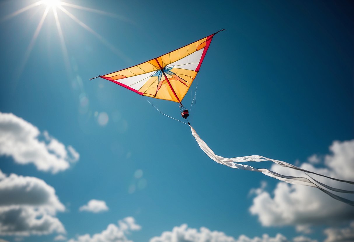 A kite flying in a clear blue sky, with a Katadyn BeFree water filter hanging from the kite's string. The filter is shown in use, purifying water from a nearby stream or lake