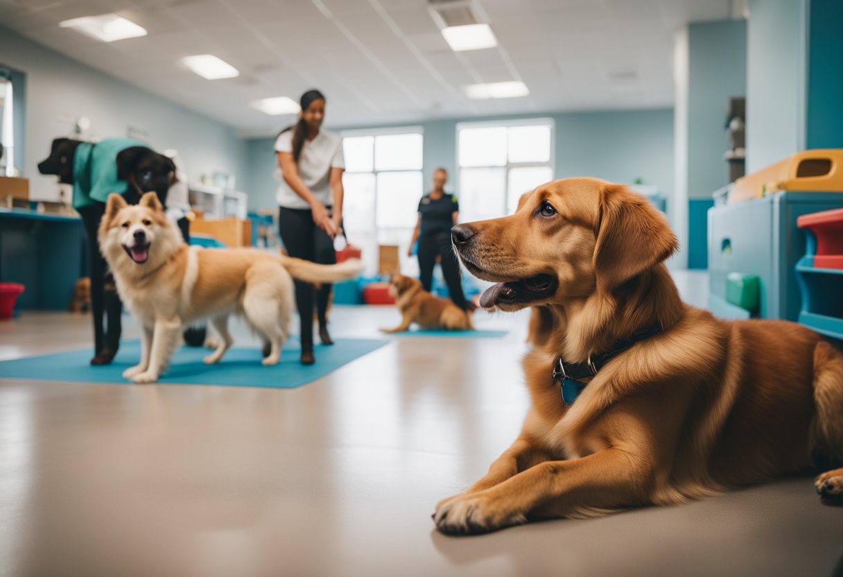 A dog playing in a safe and clean daycare environment, surrounded by caring staff and other friendly dogs