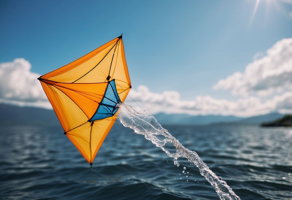 A kite flying high in the sky, with a Sawyer MINI Water Filtration System attached to the string. Clear, clean water flows from the filter, demonstrating its effectiveness in purifying water