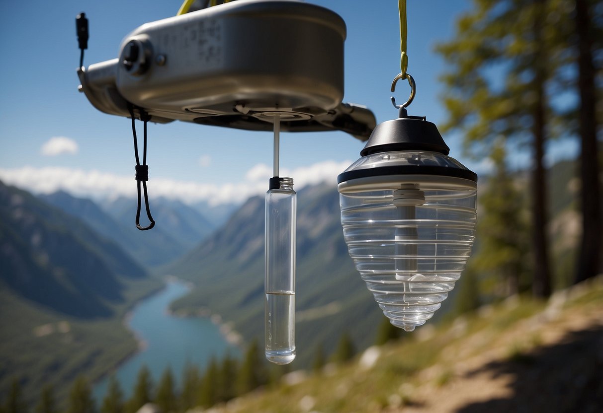 The MSR Guardian Gravity Purifier hangs from a kite string, surrounded by 10 different water purification methods