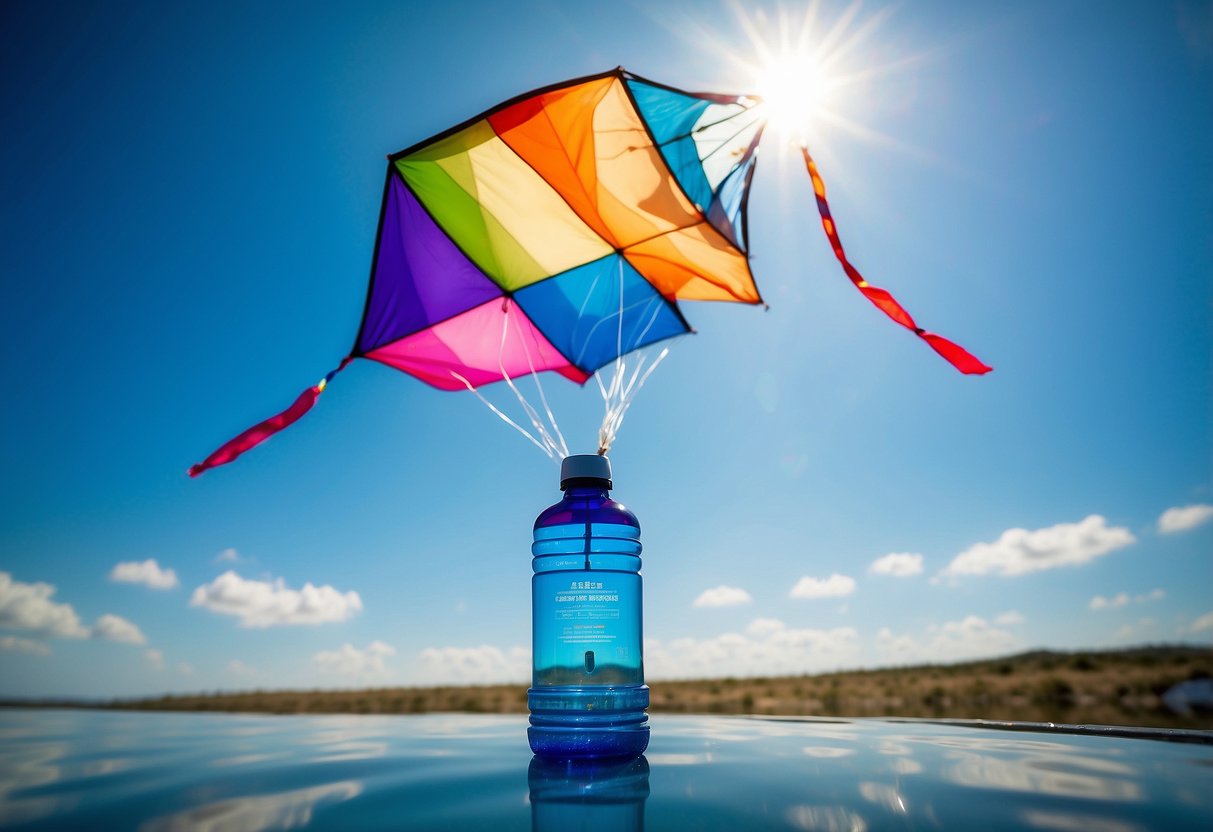 A colorful kite flying high in a clear blue sky, with the CrazyCap 2 UV Water Purifier Bottle attached to the kite string. The bottle is shown purifying water in various creative ways, such as using sunlight and natural filters