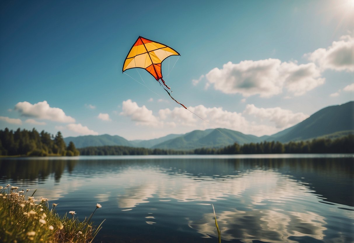 A kite flying high above a serene lake, with a variety of water purification methods displayed around the shoreline, including boiling, filtration, and chemical treatment