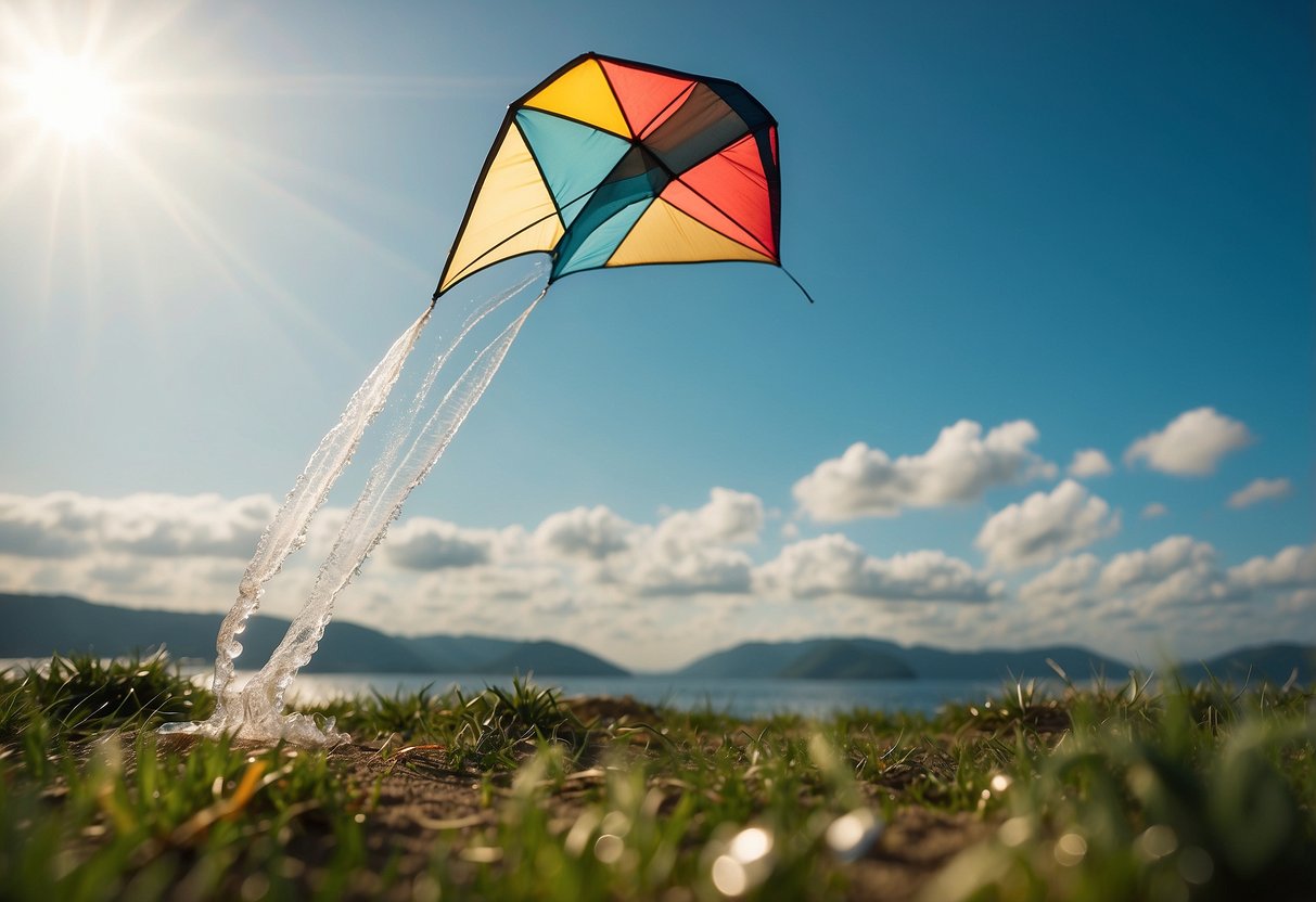 A kite flying in the sky, with a water purification system attached to the kite's string. Various water purification equipment scattered on the ground