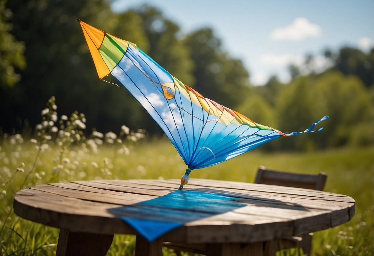 Clear blue sky, a colorful kite soaring high. A small stream flows nearby. On a grassy field, a table displays 10 different water purification methods