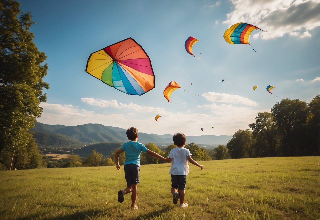 Children run in an open field, colorful kites soaring in the sky. A parent watches, offering guidance and encouragement. Trees and hills provide a scenic backdrop for the fun-filled activity