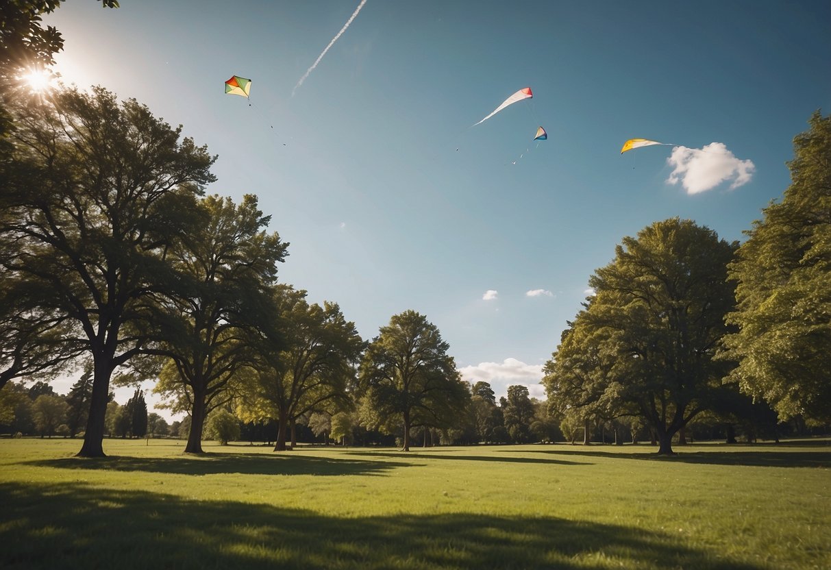 A grassy park with a clear, open sky. A family flies kites, surrounded by trees and a gentle breeze