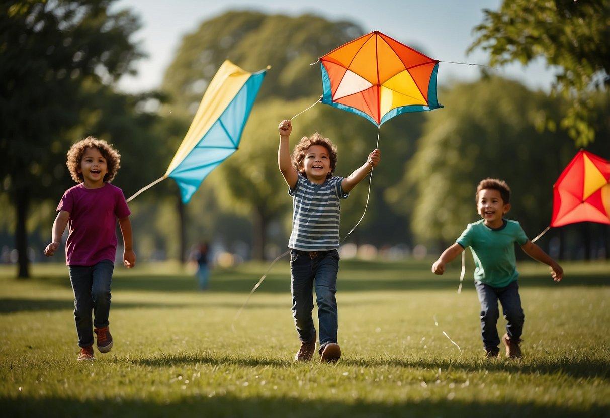 Children fly kites in a sunny park, using age-appropriate designs. Laughter fills the air as the kites soar high above the green grass