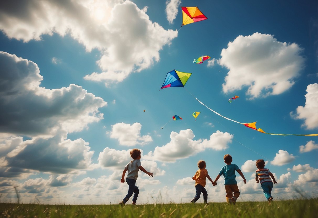 Sunny sky, scattered clouds, gentle breeze, colorful kites in the air, kids running and laughing, parents supervising, happy atmosphere