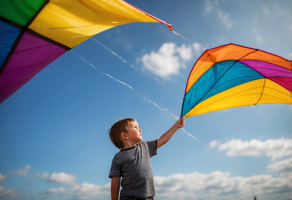A colorful kite flies high in the sky, guided by the wind. A child watches as it moves in different directions, learning about wind patterns