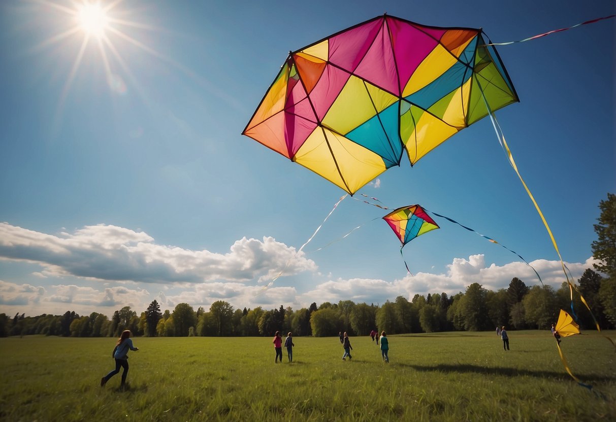 Colorful kites soar high above trees and power lines. Wind blows gently as kids fly kites in an open field