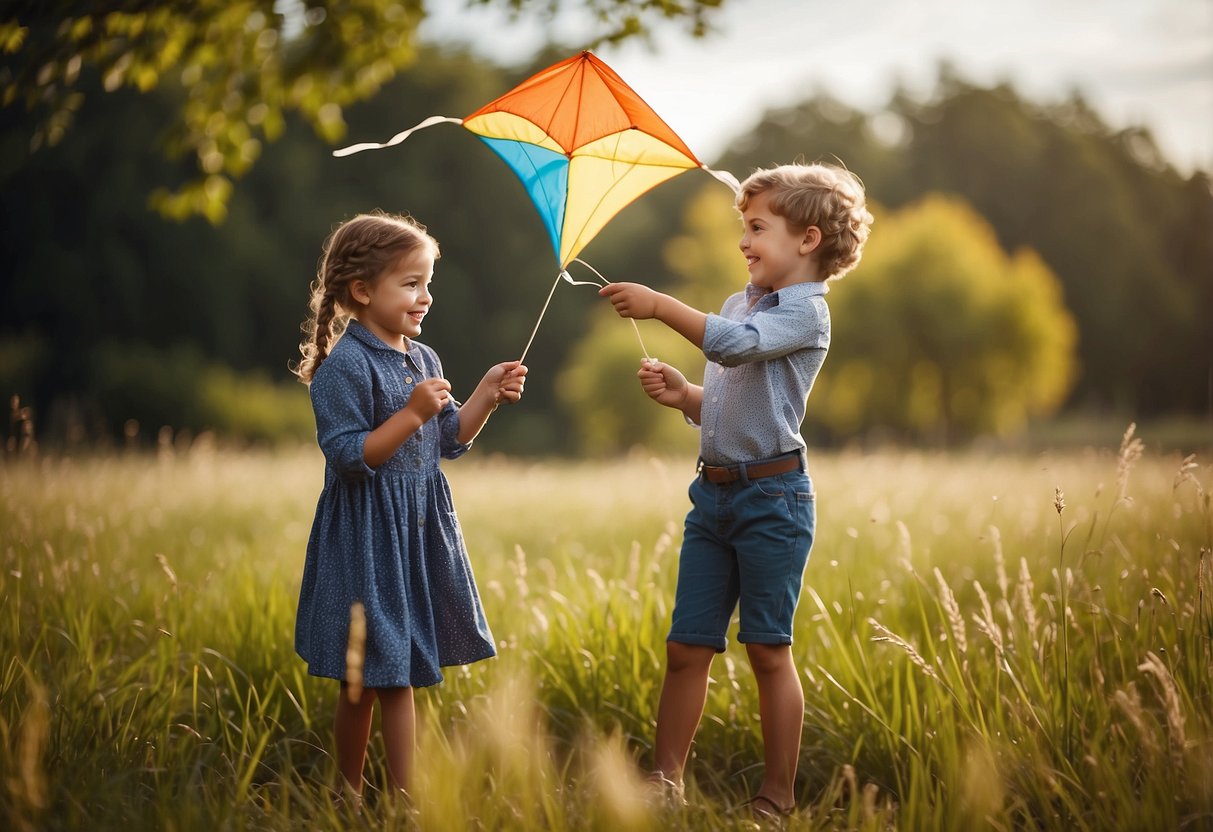 Kids are shown holding a kite reel, following 7 tips for kite flying. They are guided on proper handling techniques in an open outdoor setting