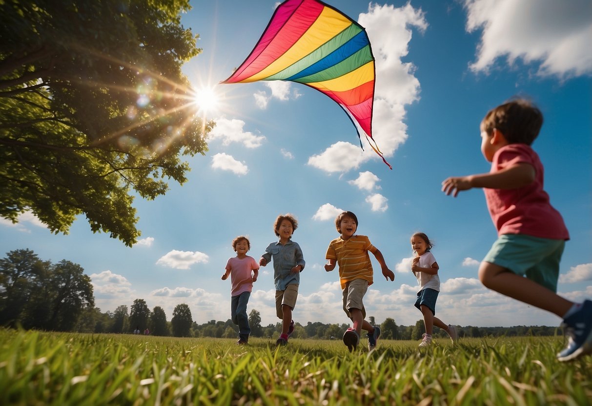 A sunny day with a clear blue sky, gentle breeze, and scattered fluffy white clouds. A colorful kite soaring high in the air, with a group of children running and laughing in the background