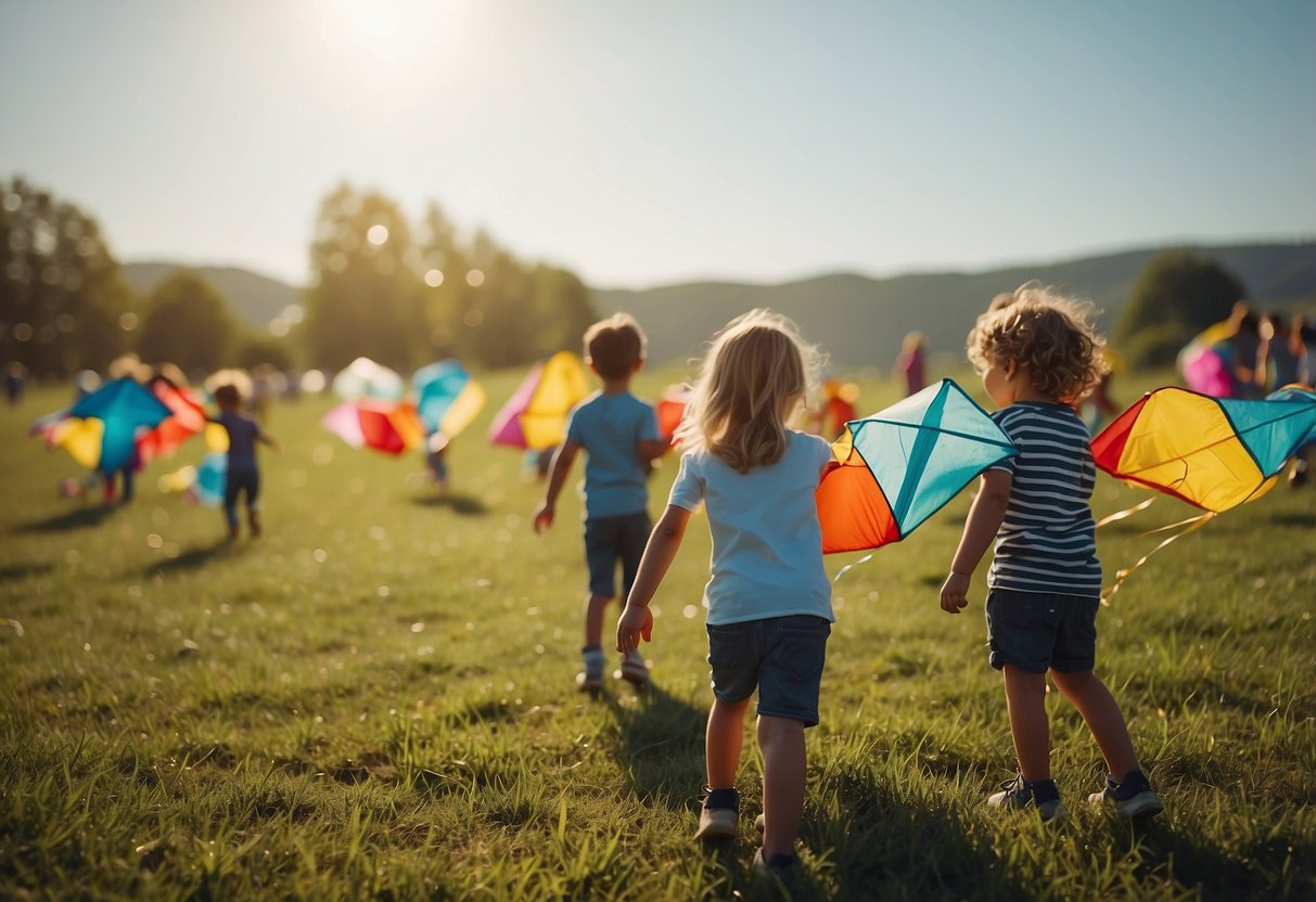 A colorful array of kites displayed on a sunny, grassy field with a gentle breeze blowing, surrounded by happy, playful children