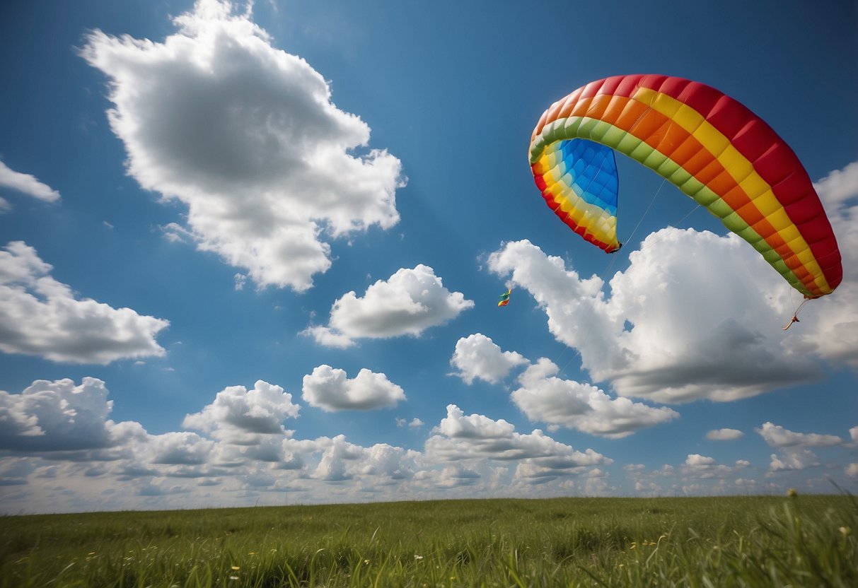 Bright blue sky with fluffy white clouds, a grassy field with colorful kites soaring, and a picnic spread of fresh fruits, sandwiches, and snacks