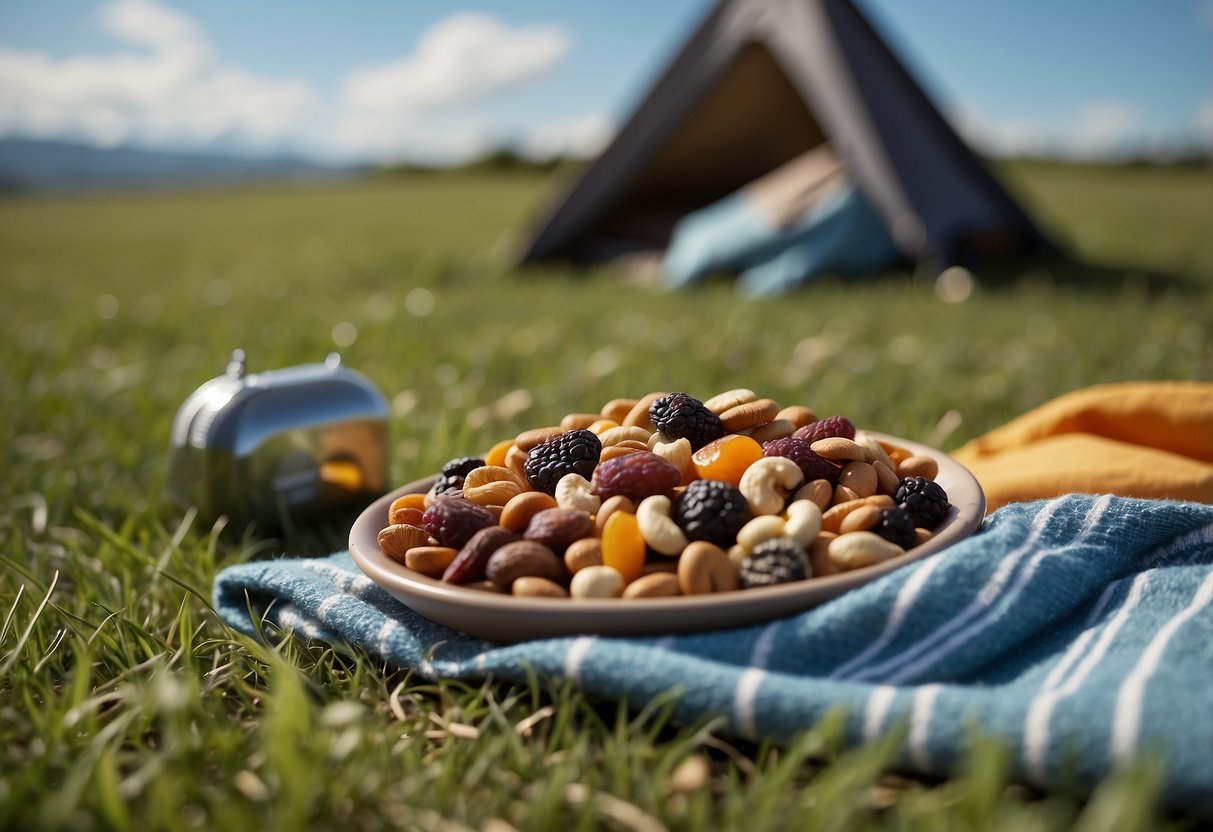 A bag of trail mix with dried fruit sits next to a kite and picnic blanket on a grassy field. Blue sky and fluffy clouds fill the background