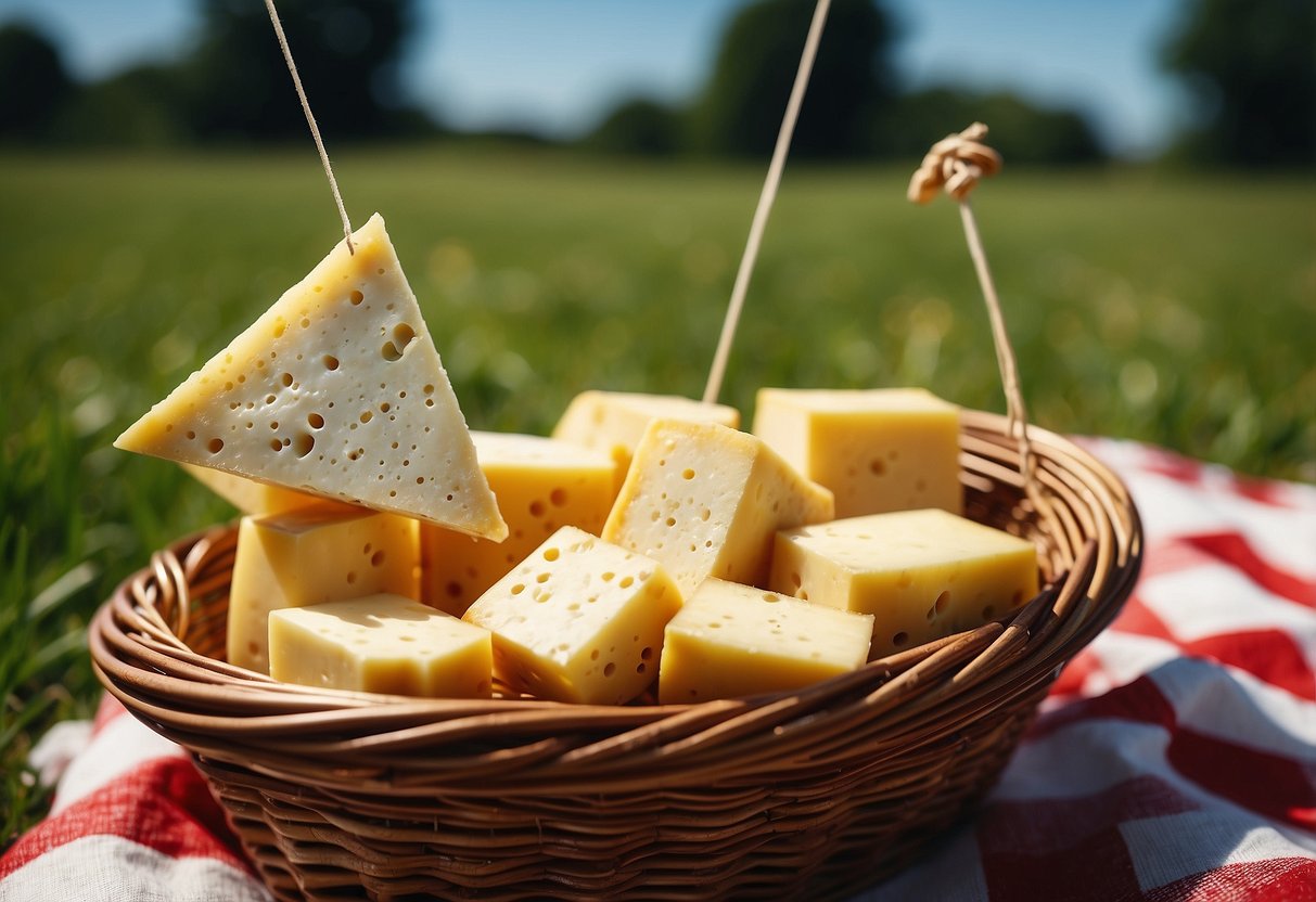 Cheese sticks arranged in a picnic basket with a kite and flying string nearby. Blue sky and green grass background