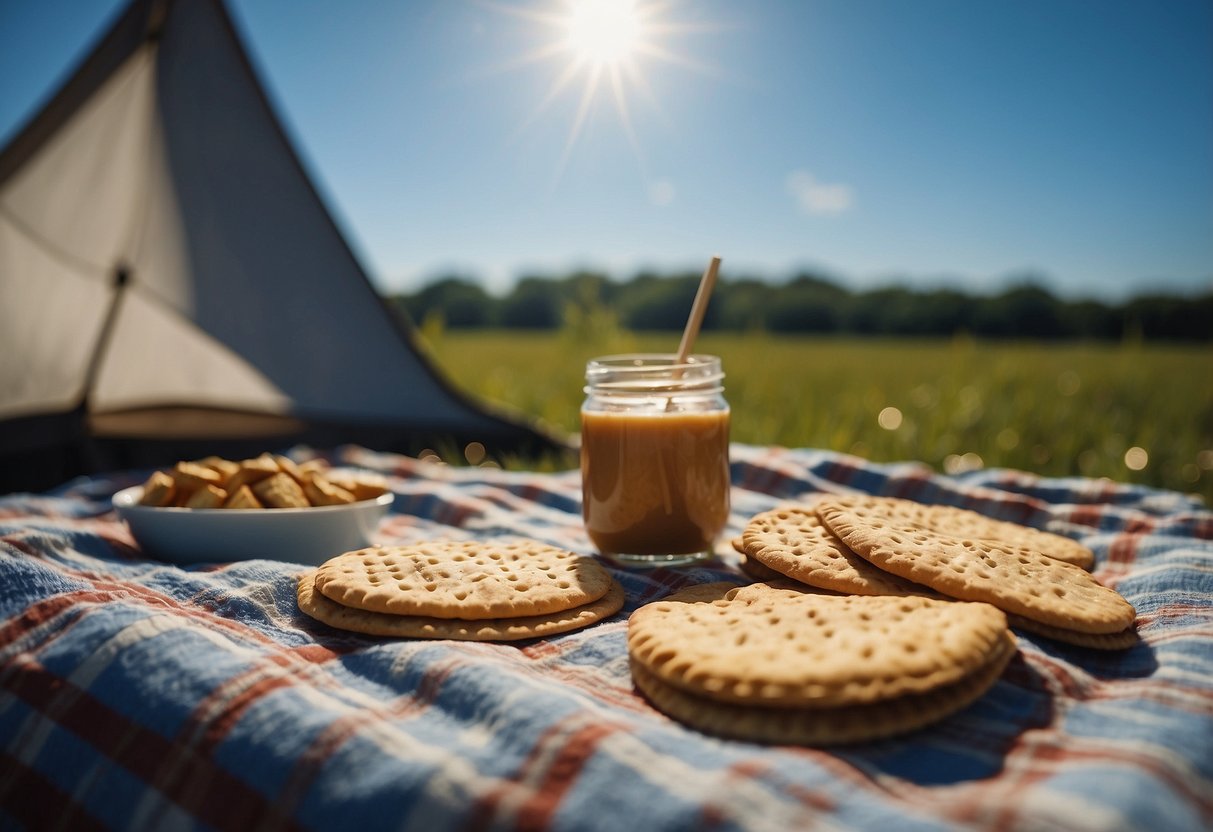 A picnic blanket with peanut butter crackers, a kite, and a clear blue sky