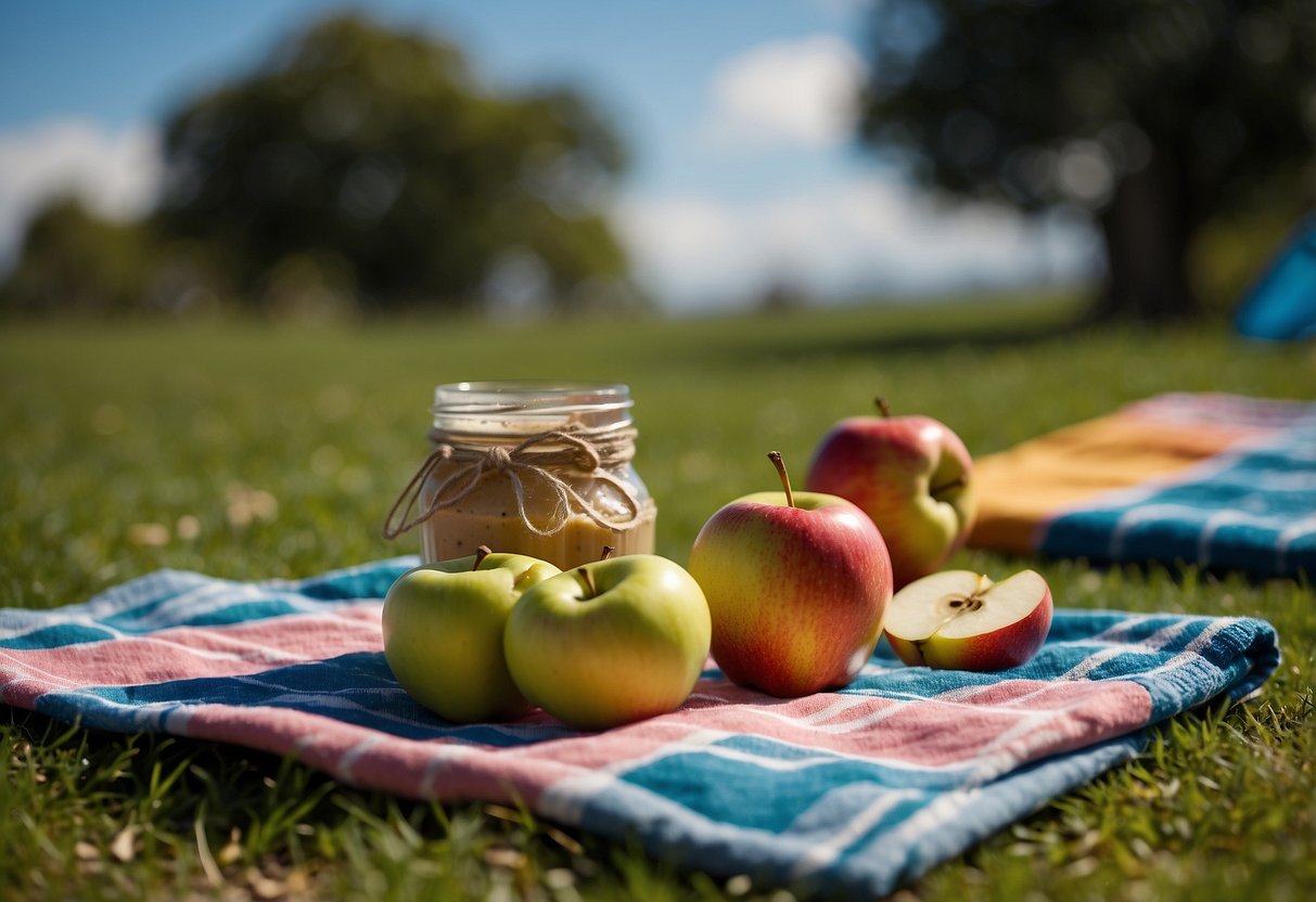 Apple slices with almond butter arranged on a colorful picnic blanket next to a kite and kite string. Blue sky and green grass in the background