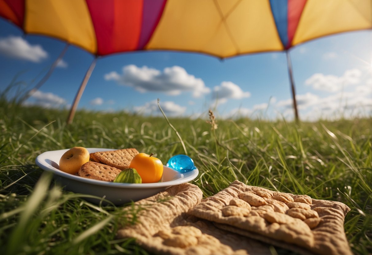 Bright blue sky with a few fluffy clouds. A grassy field with a colorful kite flying high. Nearby, a picnic blanket with lightweight snacks like nuts, fruits, and energy bars