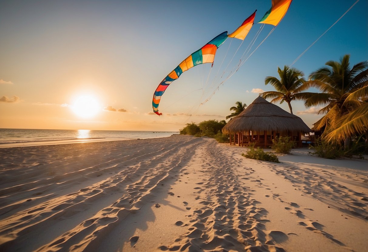 The sun sets over Isla Holbox, Mexico, casting a warm glow on the sandy beaches as colorful kites dance in the sky