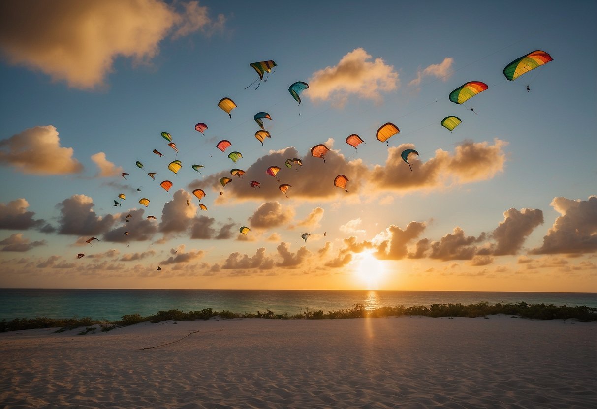 The sun sets over Cape Santa Maria, Bahamas, as colorful kites soar through the sky along the 10 Best Kite Flying Routes in South America