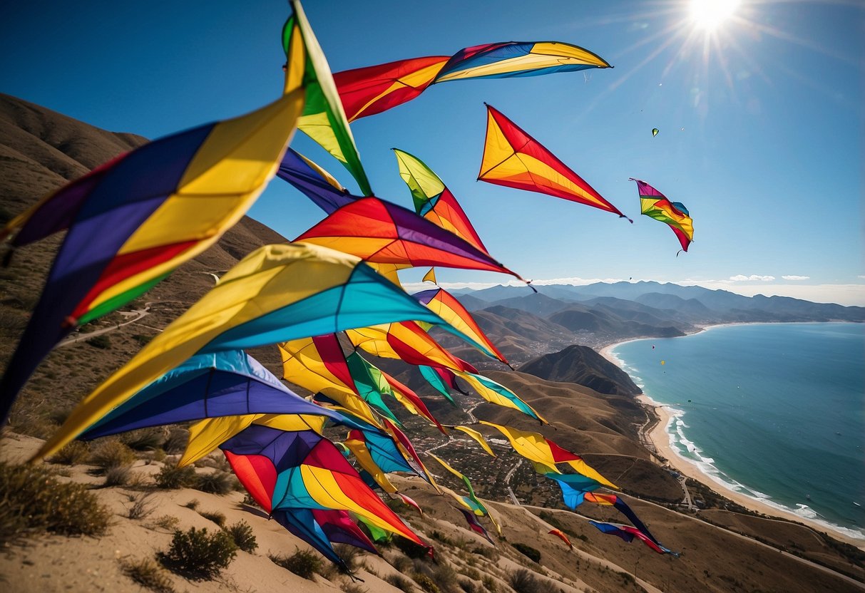 Vibrant kites soar over the vast, mountainous landscape of Copacabana, Bolivia, creating a colorful spectacle against the clear blue sky