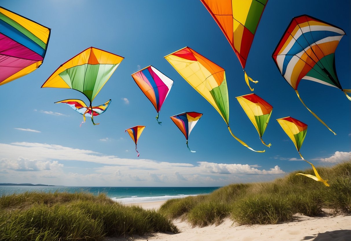 Vibrant kites soar over lush green landscapes and sandy beaches, against a backdrop of clear blue skies and warm, gentle breezes