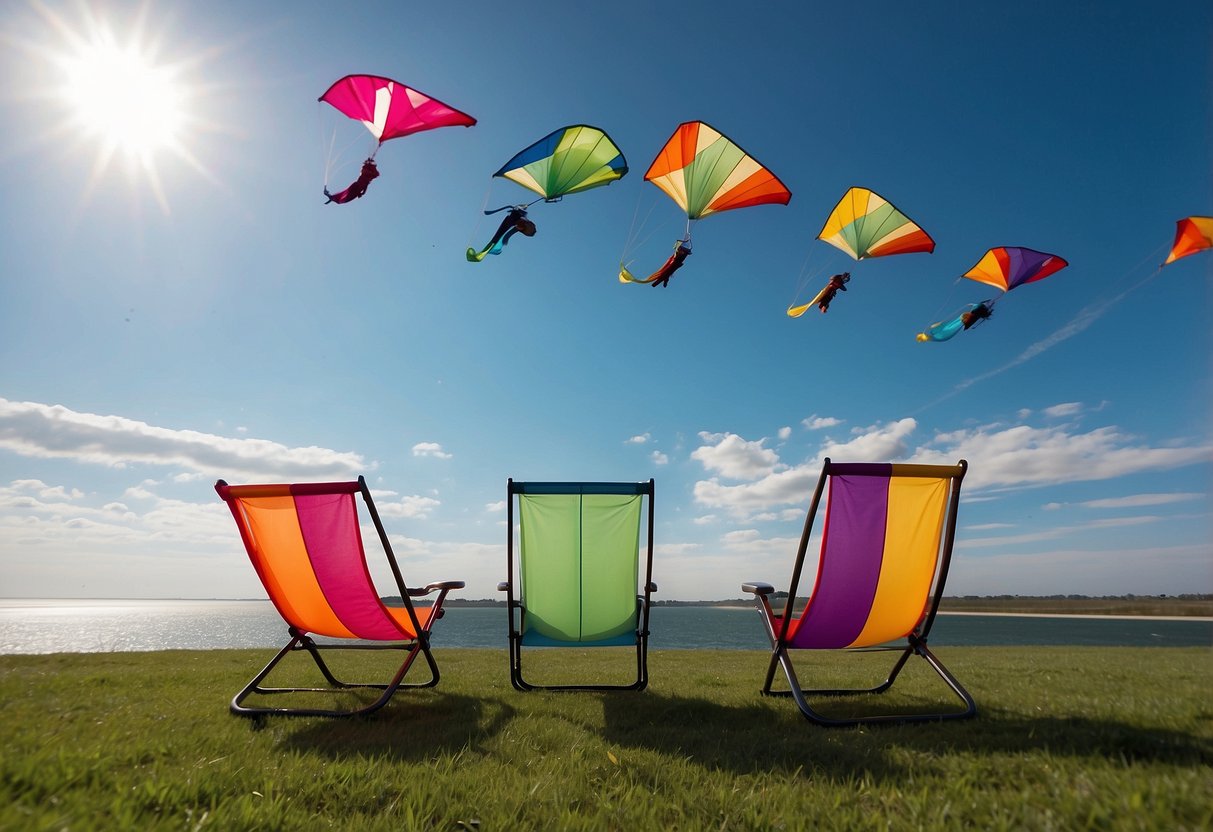 Five colorful, foldable chairs soar high in the sky, each attached to a kite. The chairs are lightweight and comfortable, perfect for a relaxing day of kite flying