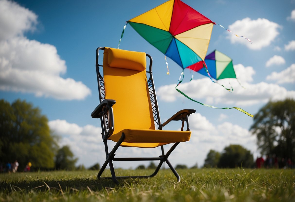 A colorful kite flies high in the sky, while a lightweight Helinox Chair Zero sits on the grass, surrounded by other chairs