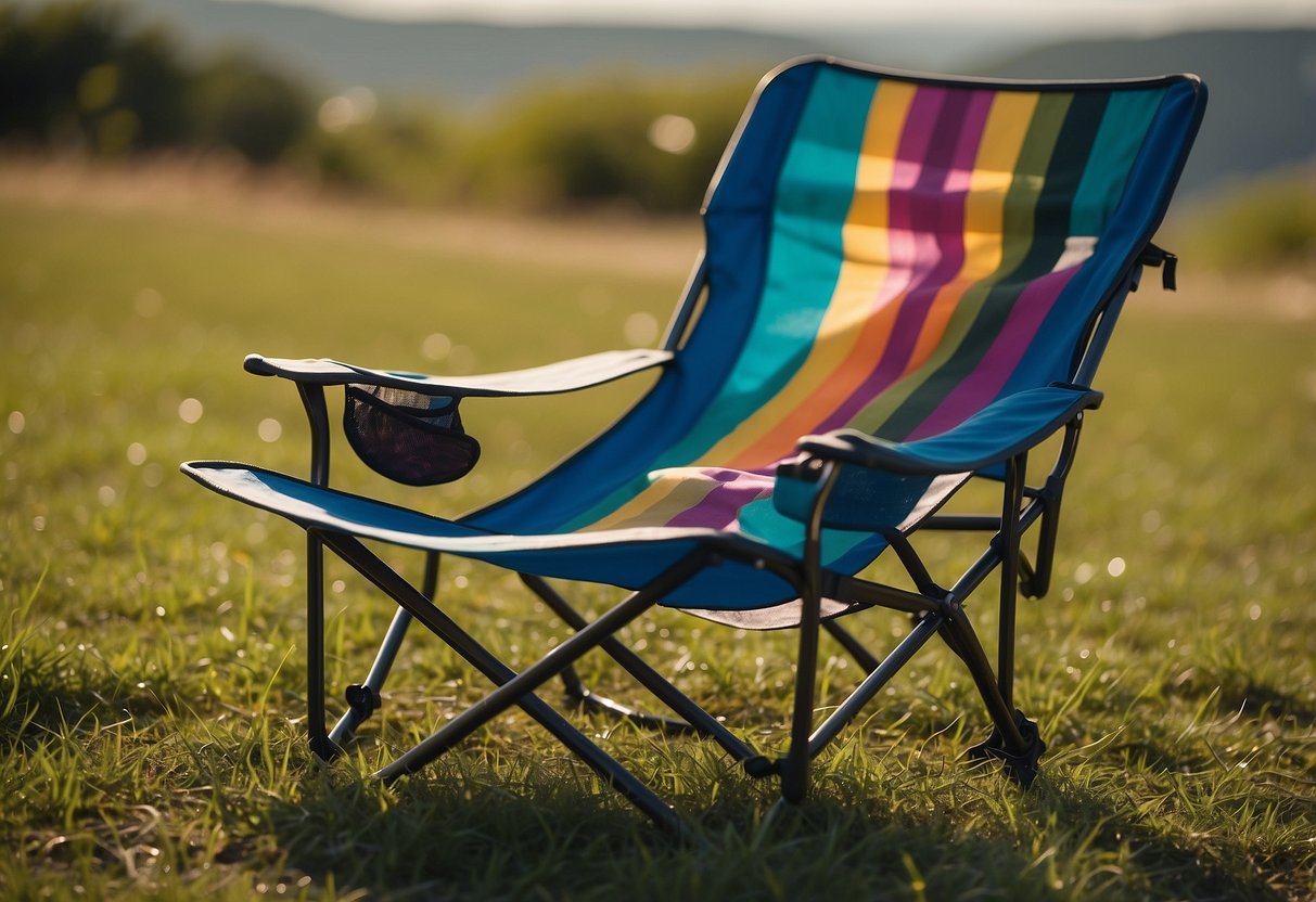 A colorful lightweight camp chair sits on a grassy hill, with a kite flying in the background. The chair is sturdy and comfortable, perfect for outdoor relaxation