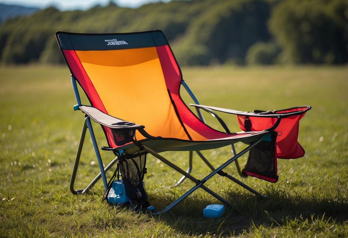 A colorful kite soaring in the clear blue sky, while a lightweight Therm-a-Rest Trekker Chair sits on the grass below, ready for relaxation and enjoyment