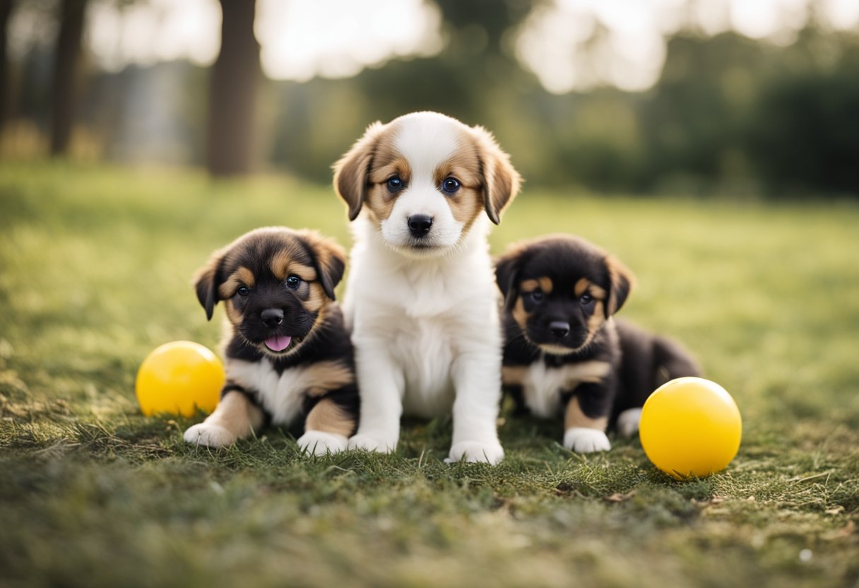 Puppies playing and learning in a group setting, with basic training equipment and toys scattered around