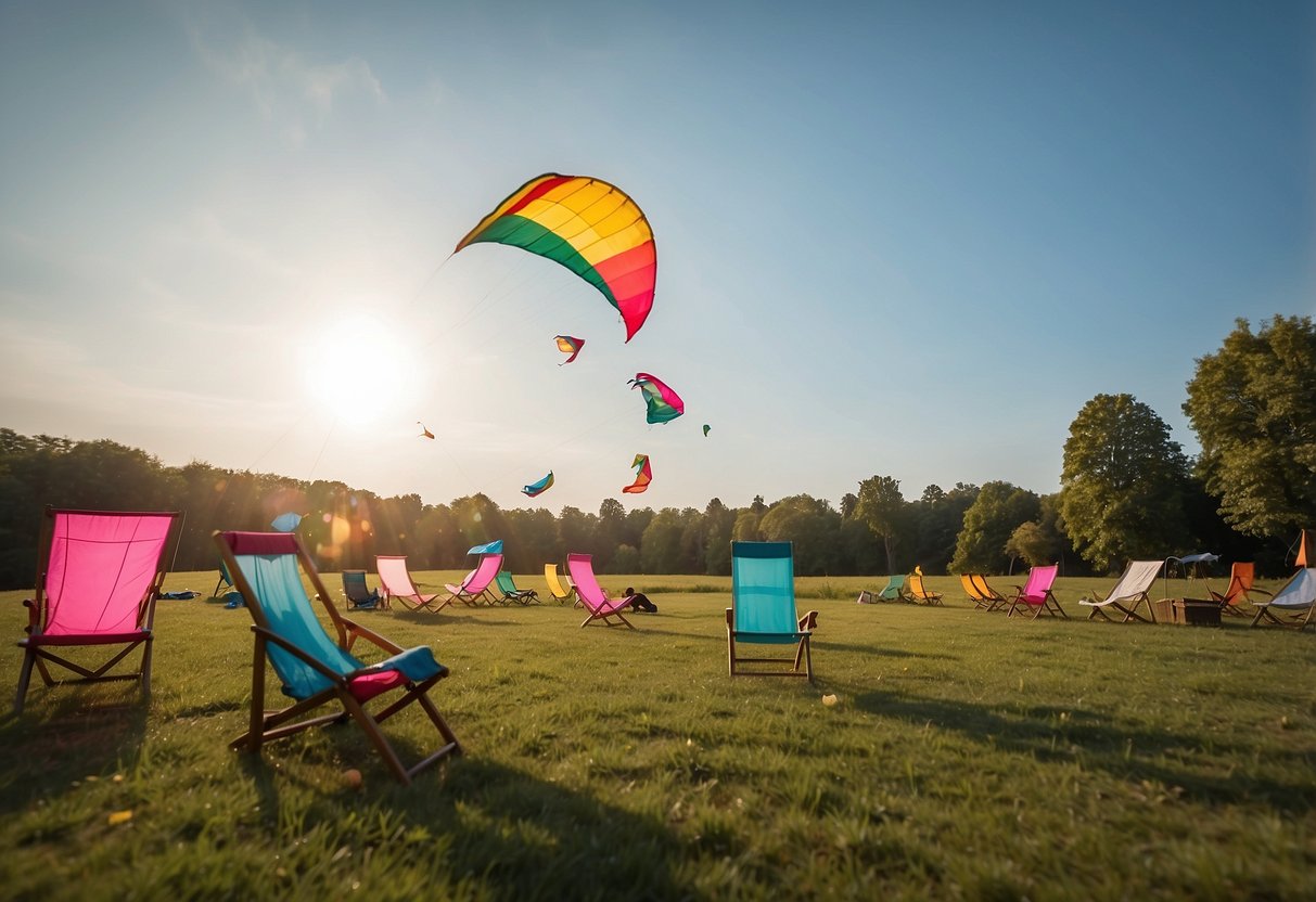 A sunny, open field with colorful kites flying high, surrounded by lightweight chairs for comfortable kite flying
