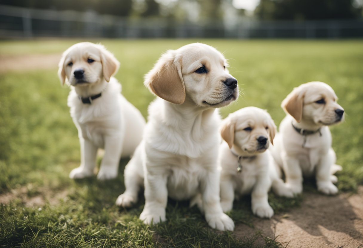 A group of puppies sit attentively as they receive basic obedience training, focusing on commands and behavior