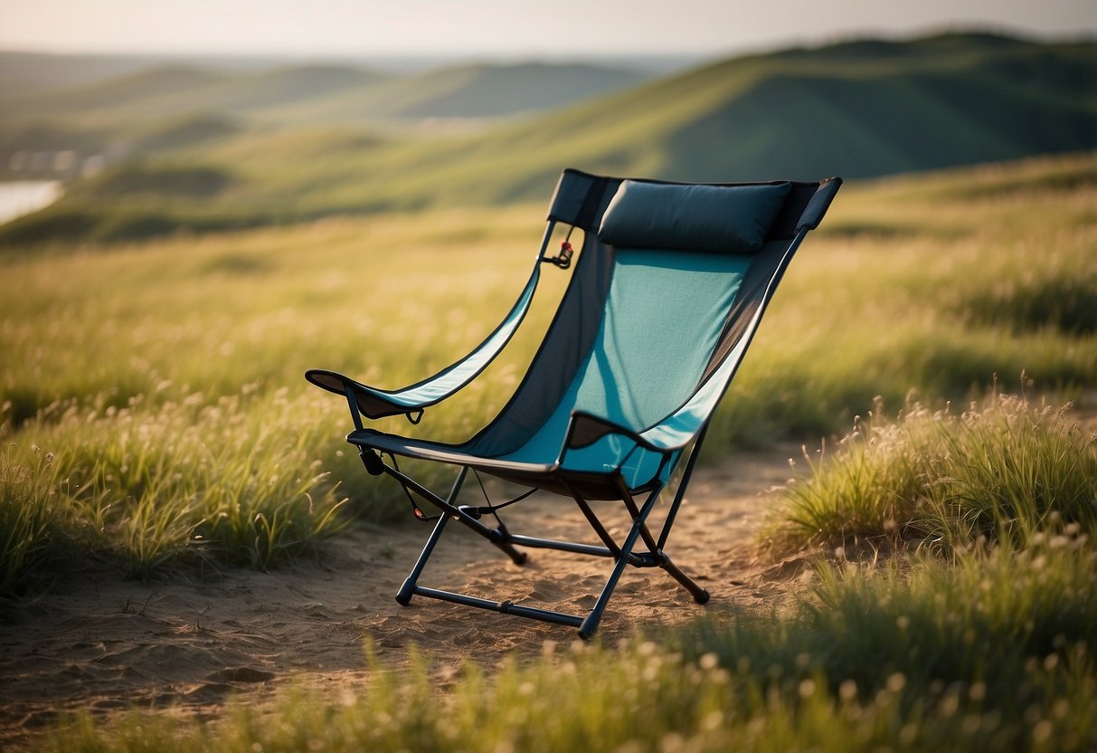A lightweight kite flying chair surrounded by open space and clear skies, with a sturdy frame and comfortable seat, showcasing its portability and ease of use