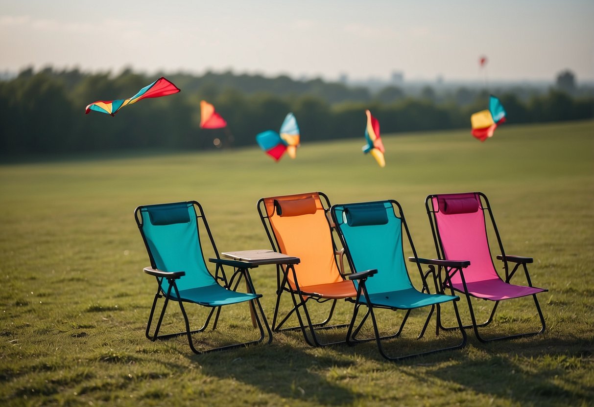 Five colorful, foldable chairs arranged on a grassy field with kites flying in the sky above. Each chair has a cup holder and a built-in sunshade