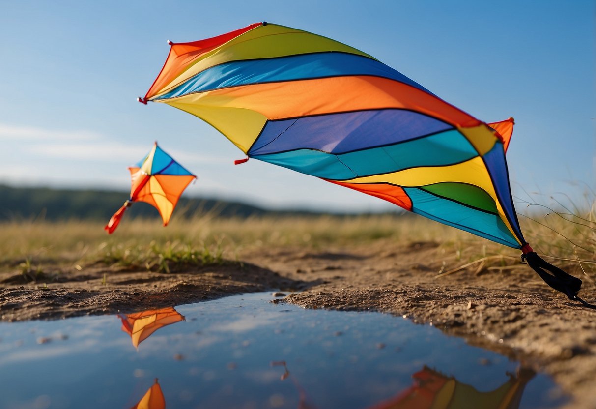 A colorful kite flying high against a clear blue sky, with a map, compass, GPS, binoculars, and other navigation tools scattered on the ground