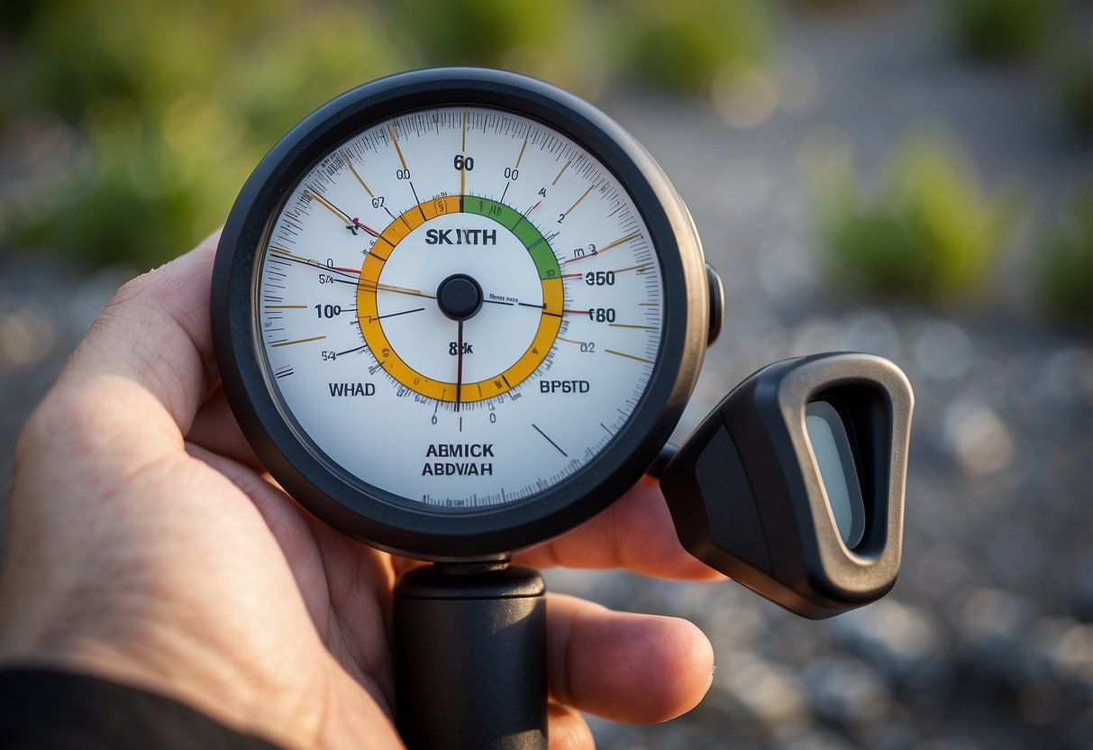 A hand-held Skywatch BL500 anemometer measures wind speed. Nearby are essential navigation tools for kite flying trips