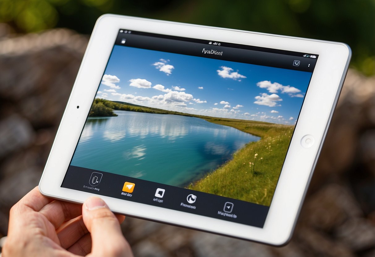 An iPad displaying the FlySky High app with 10 essential navigation tools for kite flying trips