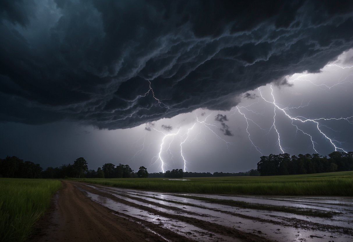 Dark storm clouds loom overhead as lightning flashes and thunder rumbles. Trees sway in the strong wind, and rain pours down heavily, creating puddles on the ground