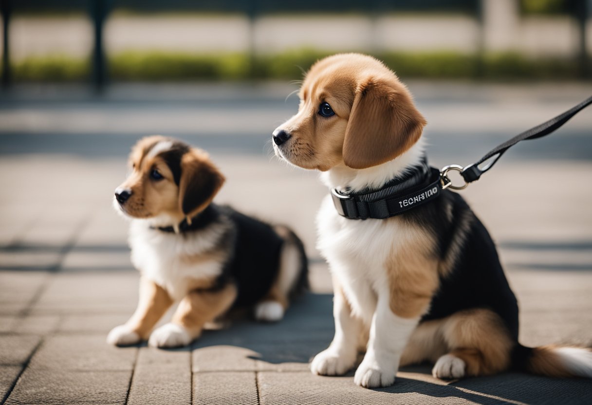 A puppy sitting attentively as the owner teaches basic training commands, with a leash and collar nearby