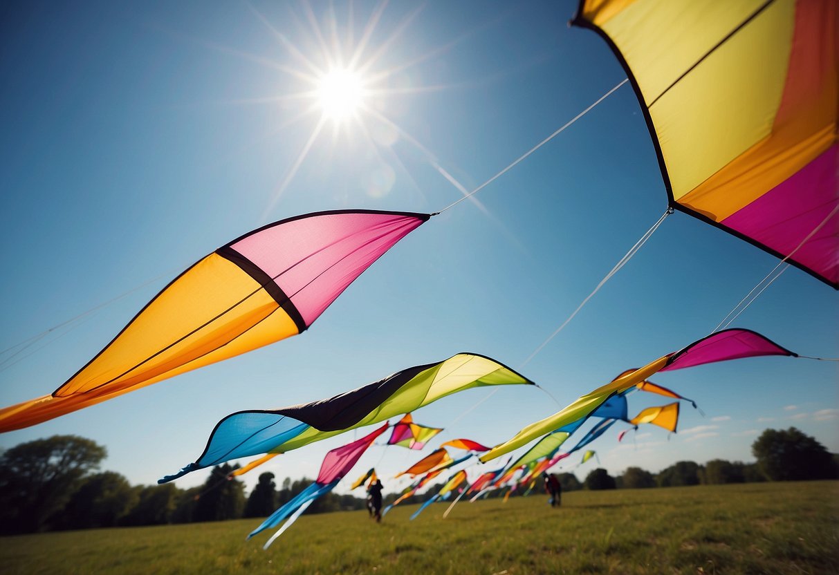 Colorful kites soaring in a clear blue sky, with lightweight jackets hanging on a clothesline, fluttering in the breeze