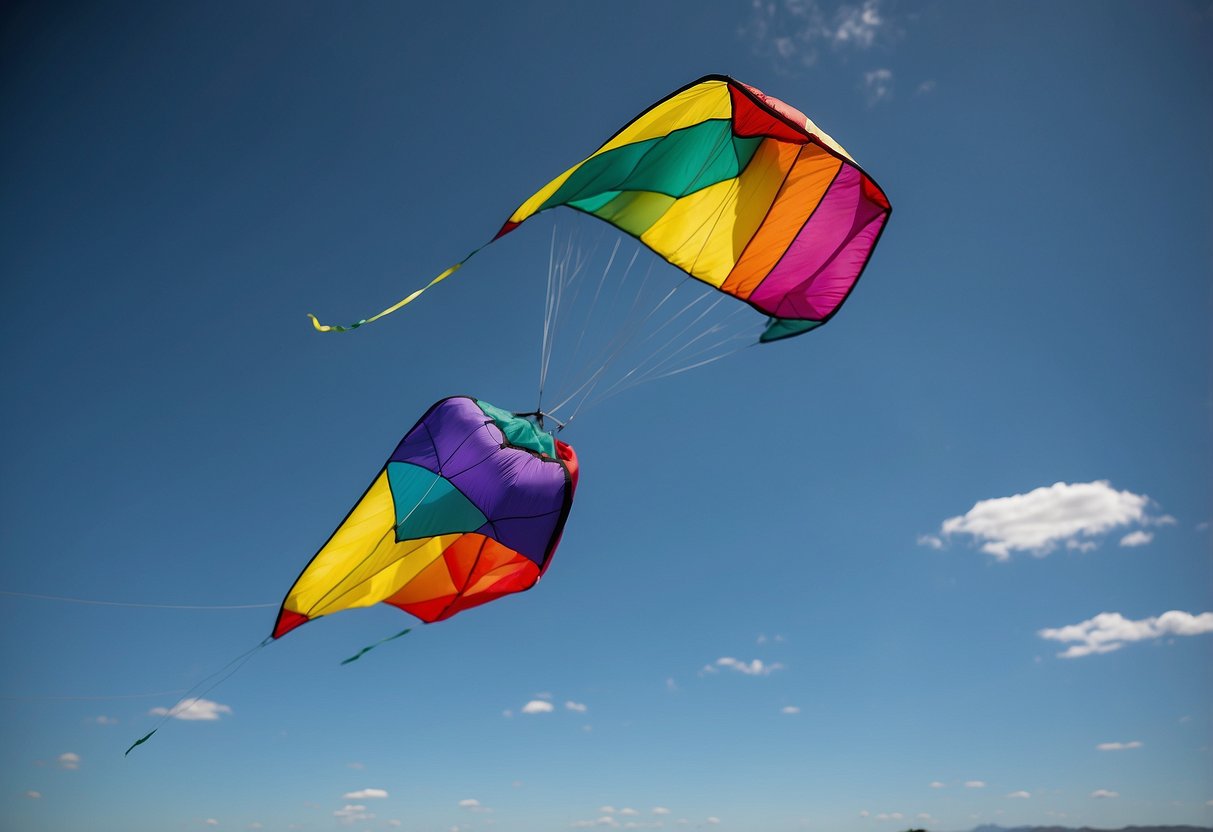 A colorful kite soars high in the sky, pulled by the wind as the Patagonia Houdini Air Jacket flutters in the breeze. The jacket's lightweight material allows for effortless movement as the kite dances through the air