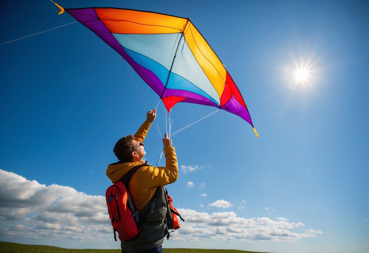 A colorful kite soars high in the bright blue sky, pulled by a person wearing the Outdoor Research Helium II lightweight jacket. The wind is strong, and the jacket flaps in the breeze as the kite dances above