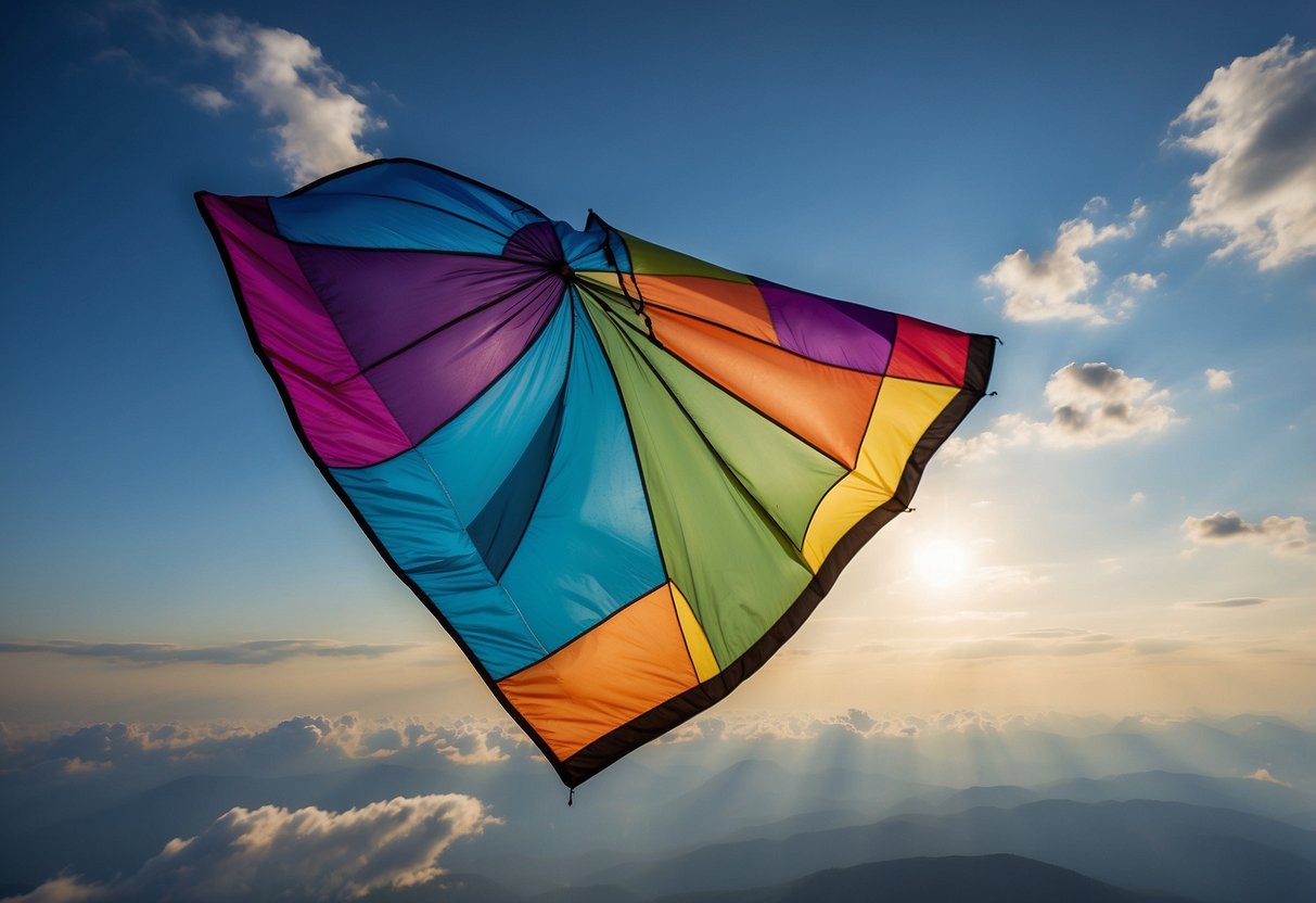 A colorful Columbia Challenger Windbreaker kite jacket flies high in the sky, catching the wind with its lightweight and durable fabric