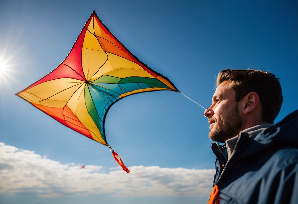 A colorful kite soars high against a bright blue sky, while a figure in a lightweight wind shell jacket looks on from below