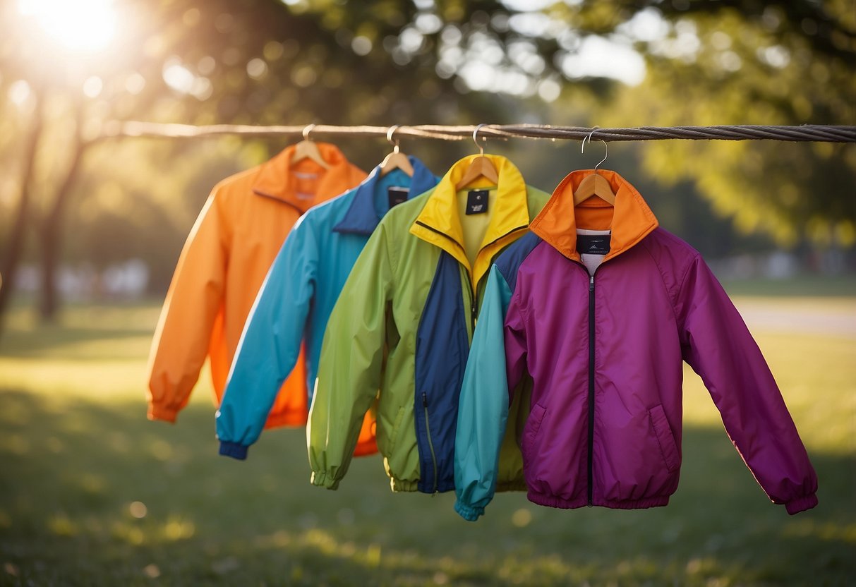 Five colorful lightweight kite flying jackets hang on a clothesline, swaying gently in the breeze. The sun shines down, casting a soft glow on the vibrant fabric