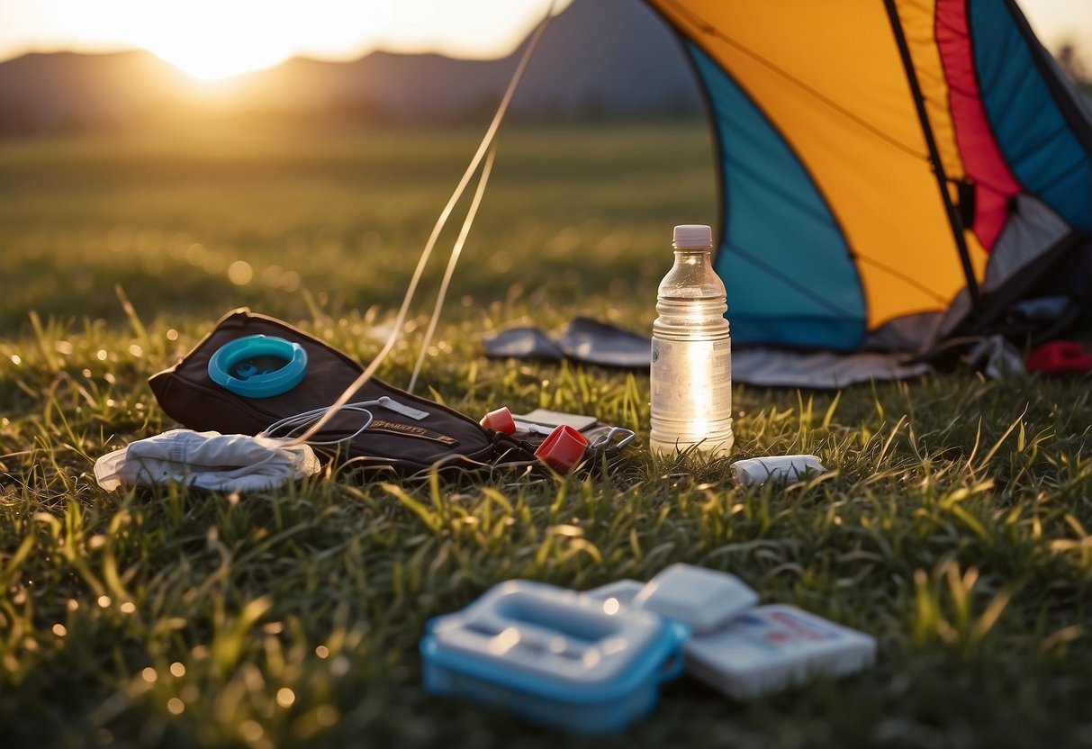 Kite flyer rests on grass, sipping water. Kite and spool lie nearby. Sun sets in background. Ice pack and first aid kit on ground