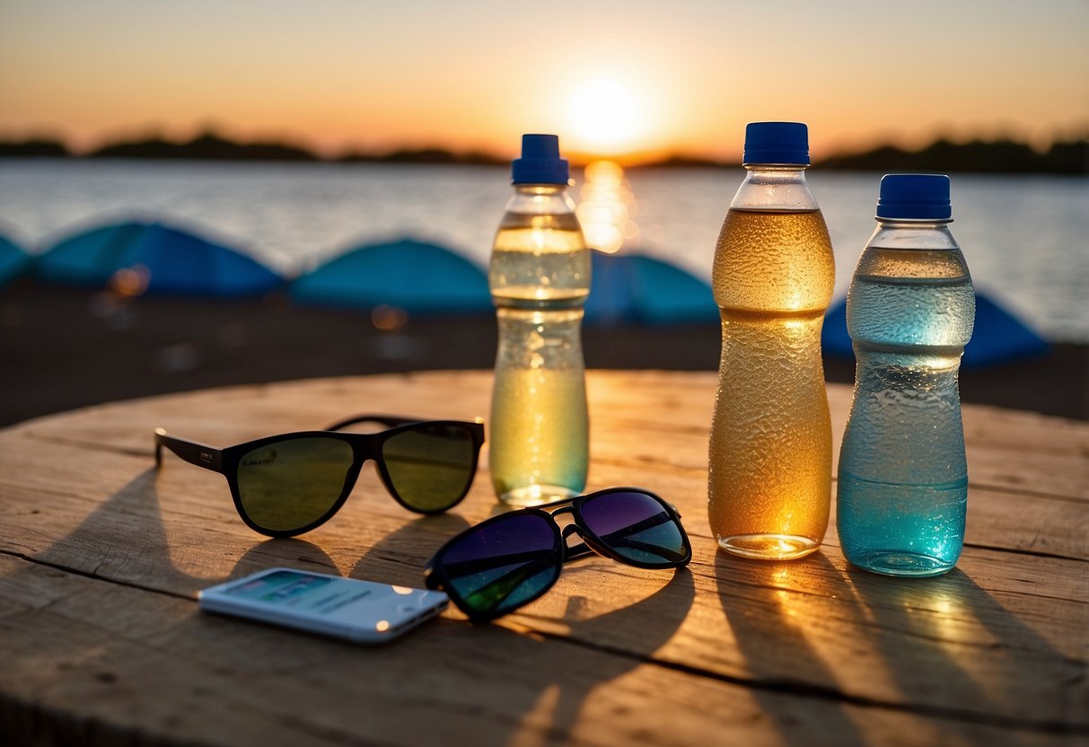 A bottle of electrolyte-infused water sits on a table next to a kite and a pair of sunglasses, with a sunset in the background