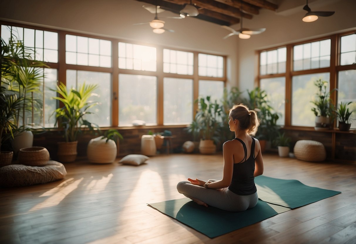 A serene yoga studio with soft lighting and calming decor. A person lying in a reclined position, practicing gentle yoga poses for muscle relaxation. Kite flying gear and recovery tips displayed in the background